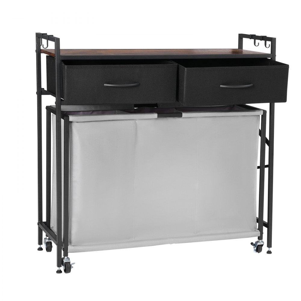 VEVOR Cesta para la Colada con Tablero de Madera, Clasificador de Ropa 830 x 320 x 810 mm con 3 Compartimentos, Ruedas, 2 Cajones y Ganchos, Sistema de Clasificación de Ropa para el Baño, Negro