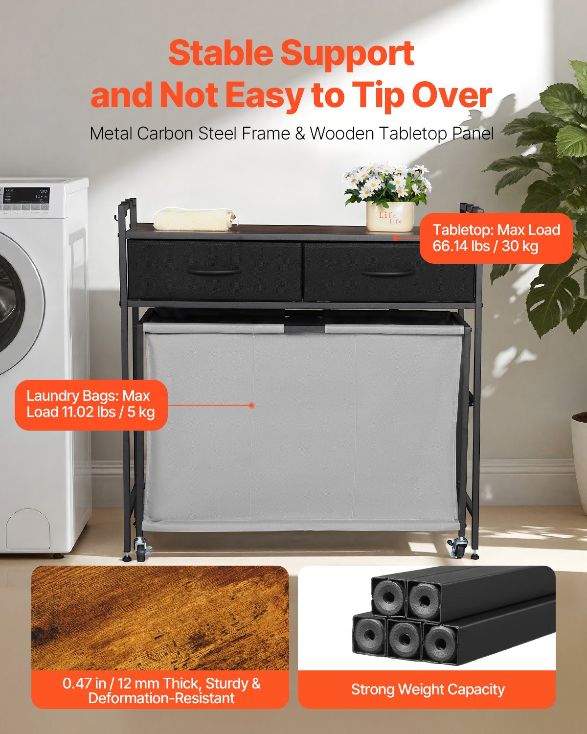 VEVOR Cesta para la Colada con Tablero de Madera, Clasificador de Ropa 830 x 320 x 810 mm con 3 Compartimentos, Ruedas, 2 Cajones y Ganchos, Sistema de Clasificación de Ropa para el Baño, Negro