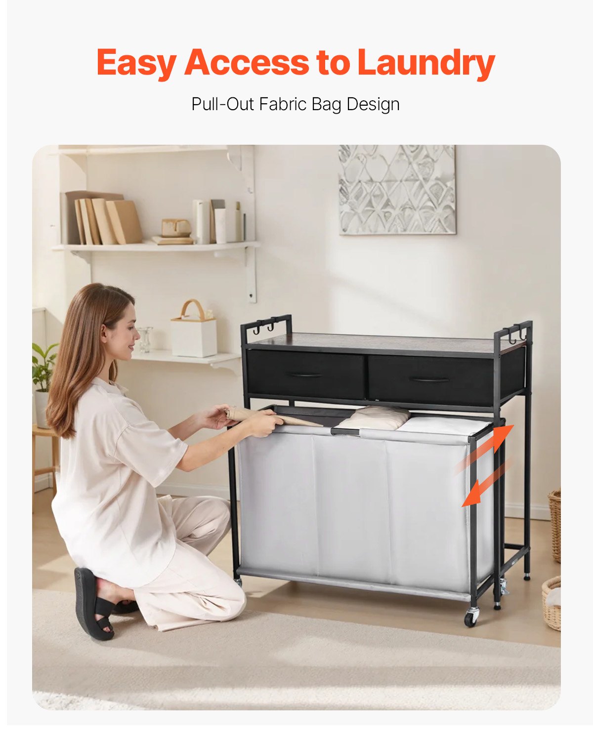 VEVOR Cesta para la Colada con Tablero de Madera, Clasificador de Ropa 830 x 320 x 810 mm con 3 Compartimentos, Ruedas, 2 Cajones y Ganchos, Sistema de Clasificación de Ropa para el Baño, Negro