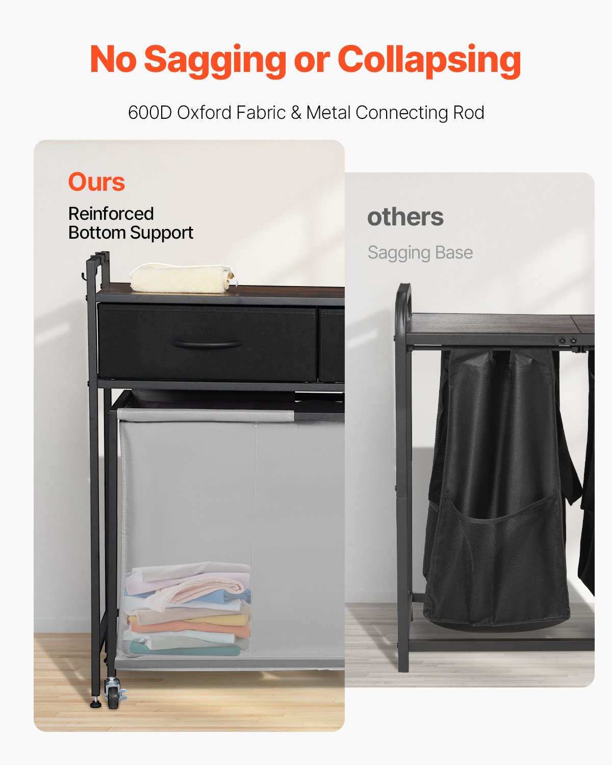 VEVOR Cesta para la Colada con Tablero de Madera, Clasificador de Ropa 830 x 320 x 810 mm con 3 Compartimentos, Ruedas, 2 Cajones y Ganchos, Sistema de Clasificación de Ropa para el Baño, Negro