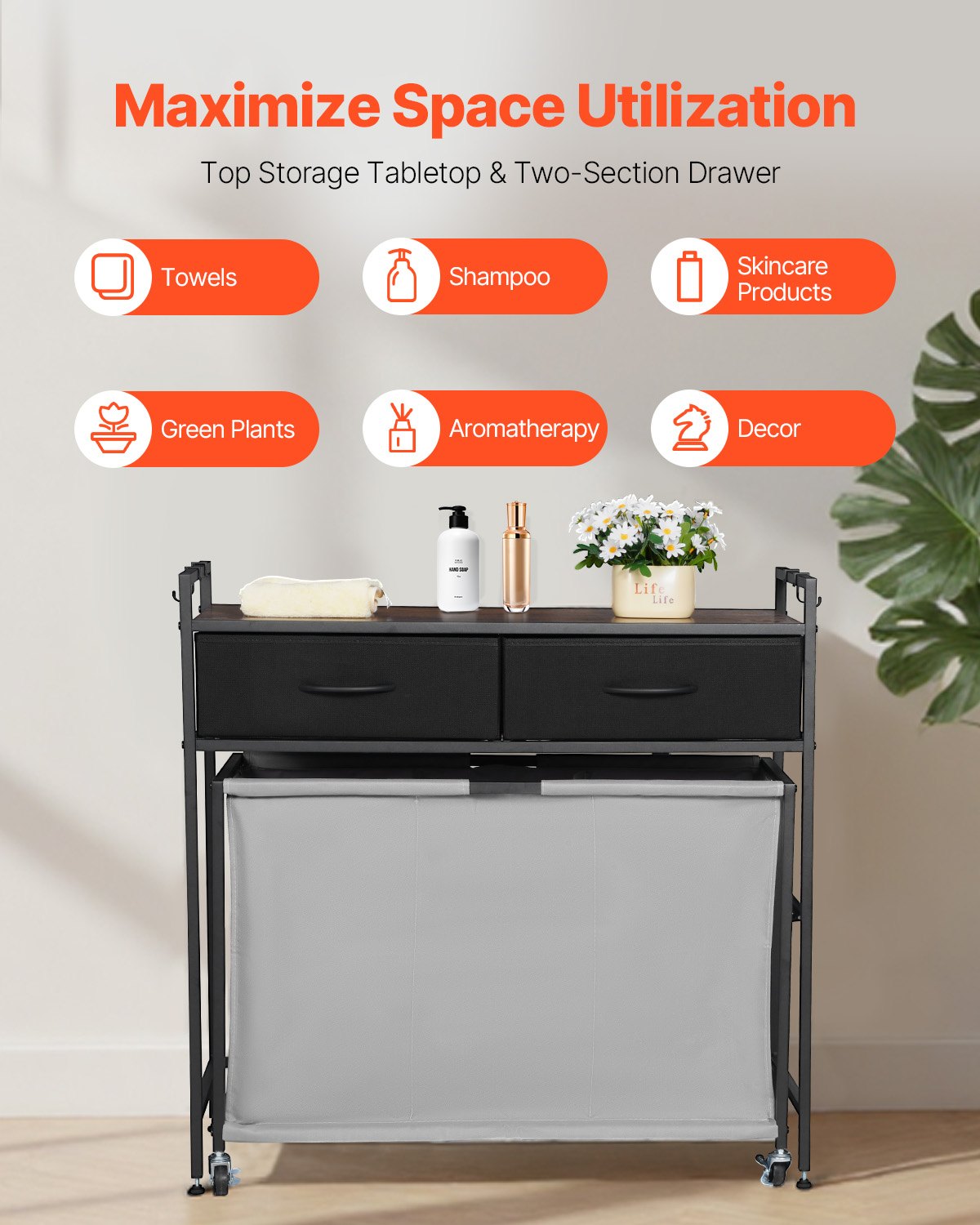 VEVOR Cesta para la Colada con Tablero de Madera, Clasificador de Ropa 830 x 320 x 810 mm con 3 Compartimentos, Ruedas, 2 Cajones y Ganchos, Sistema de Clasificación de Ropa para el Baño, Negro