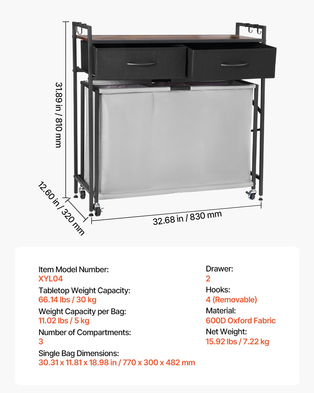 VEVOR Cesta para la Colada con Tablero de Madera, Clasificador de Ropa 830 x 320 x 810 mm con 3 Compartimentos, Ruedas, 2 Cajones y Ganchos, Sistema de Clasificación de Ropa para el Baño, Negro