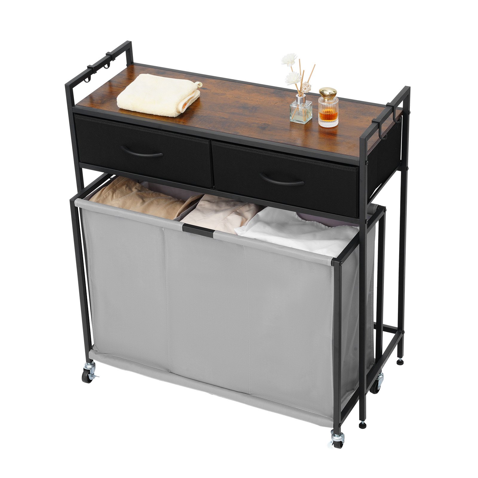 VEVOR Cesta para la Colada con Tablero de Madera, Clasificador de Ropa 830 x 320 x 810 mm con 3 Compartimentos, Ruedas, 2 Cajones y Ganchos, Sistema de Clasificación de Ropa para el Baño, Negro