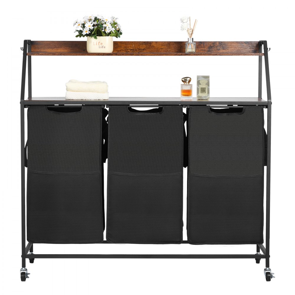 VEVOR Cesta para la Colada, Clasificador de Ropa 1040 x 330 x 1045 mm con 3 Compartimentos de Tela Oxford 600D, Tablero de Madera, Ruedas y Estantes Tipo Escalera, Clasificador de Ropa Sucia, Negro