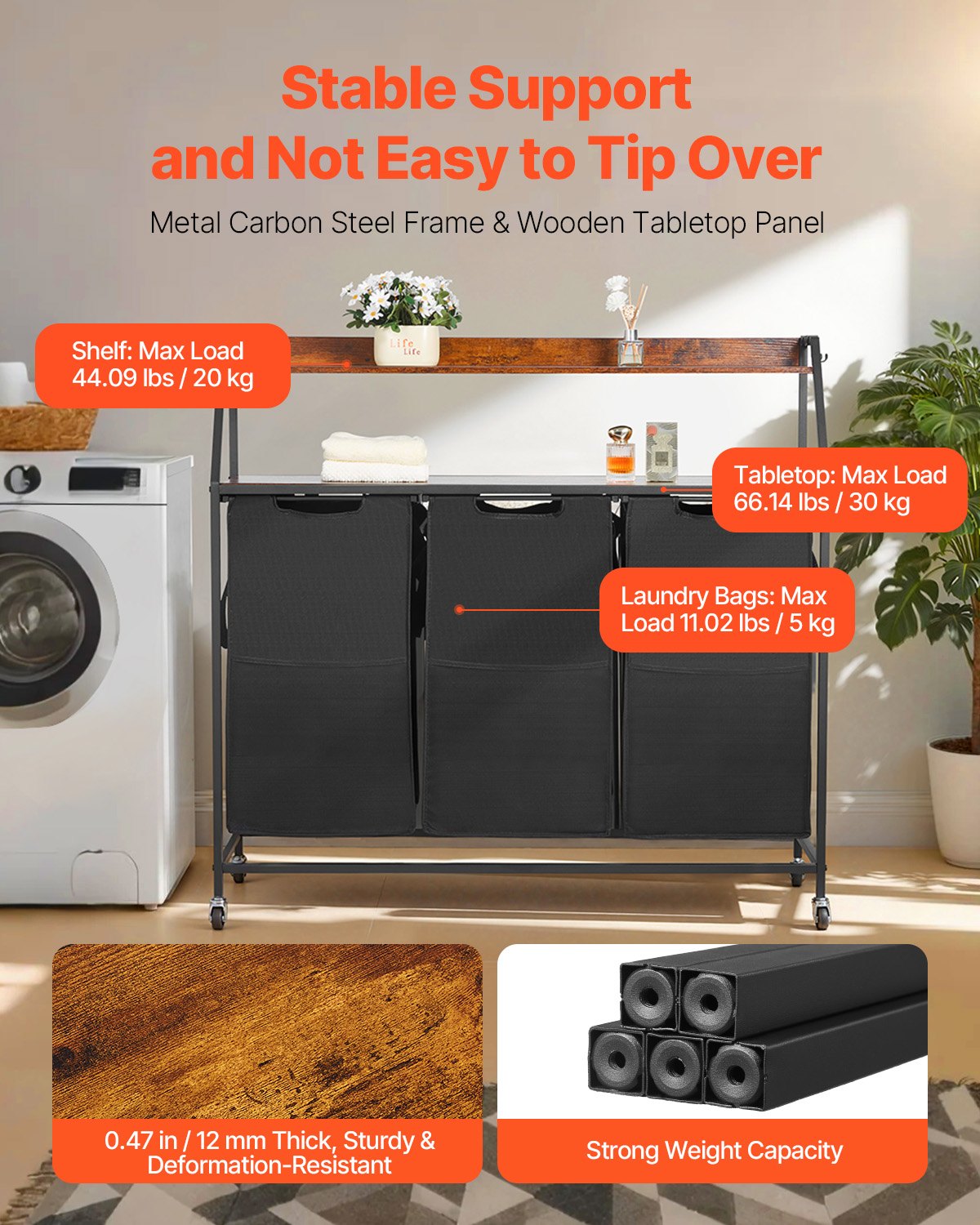 VEVOR Cesta para la Colada, Clasificador de Ropa 1040 x 330 x 1045 mm con 3 Compartimentos de Tela Oxford 600D, Tablero de Madera, Ruedas y Estantes Tipo Escalera, Clasificador de Ropa Sucia, Negro