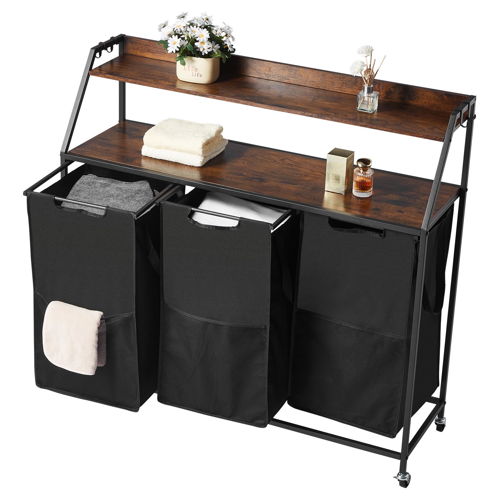 VEVOR Cesta para la Colada, Clasificador de Ropa 1040 x 330 x 1045 mm con 3 Compartimentos de Tela Oxford 600D, Tablero de Madera, Ruedas y Estantes Tipo Escalera, Clasificador de Ropa Sucia, Negro