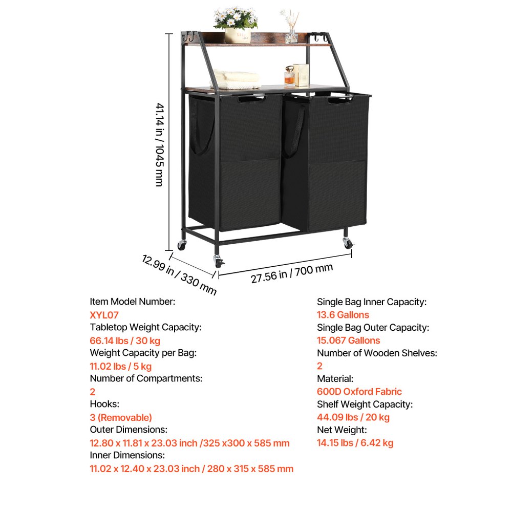 VEVOR Cesta para la Colada, Clasificador de Ropa 700 x 330 x 1045 mm con 2 Compartimentos de Tela Oxford 600D, Tablero de Madera, Ruedas y Estantes Tipo Escalera, Clasificador de Ropa Sucia, Negro