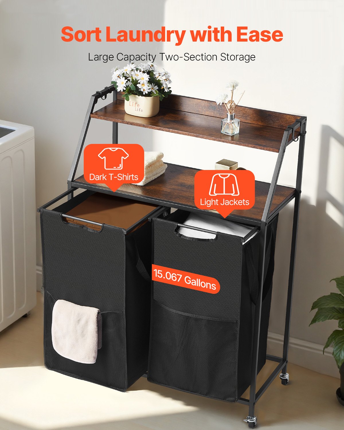 VEVOR Cesta para la Colada, Clasificador de Ropa 700 x 330 x 1045 mm con 2 Compartimentos de Tela Oxford 600D, Tablero de Madera, Ruedas y Estantes Tipo Escalera, Clasificador de Ropa Sucia, Negro