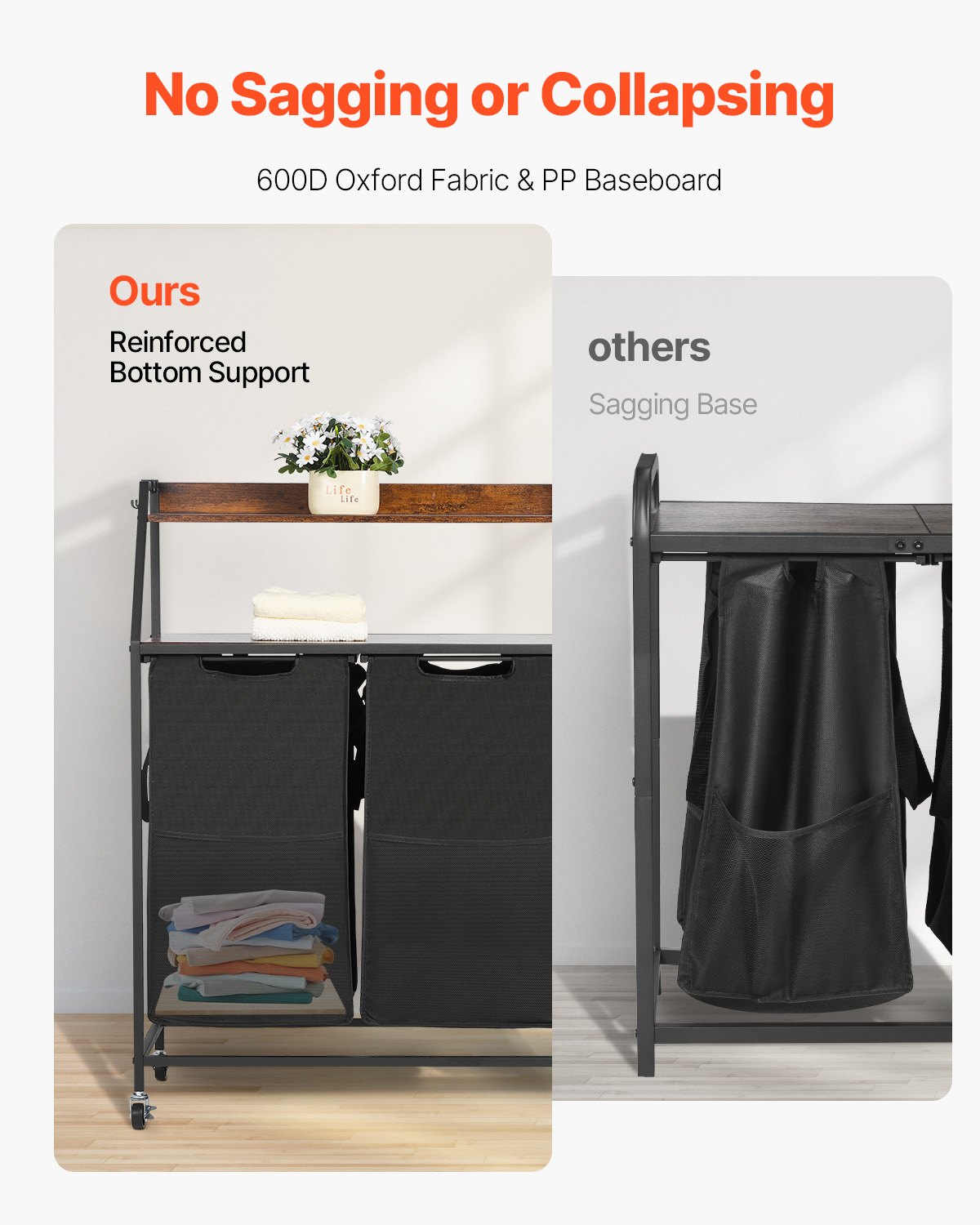 VEVOR Cesta para la Colada, Clasificador de Ropa 700 x 330 x 1045 mm con 2 Compartimentos de Tela Oxford 600D, Tablero de Madera, Ruedas y Estantes Tipo Escalera, Clasificador de Ropa Sucia, Negro