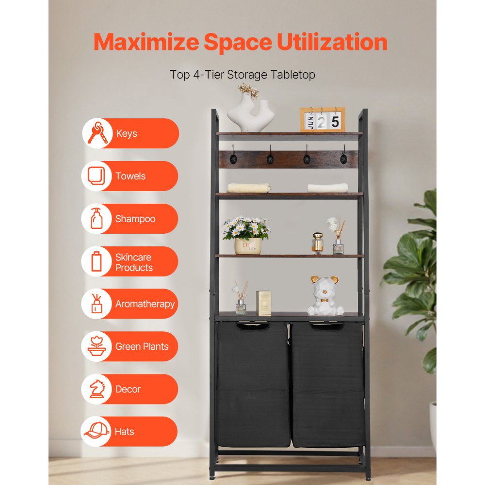 VEVOR 4 Tiers Laundry Sorter, Tall Laundry Hamper with Shelves and Hooks, 2 Section Freestanding Basket Organizer Storage with 600D Oxford Cloth Bags and Ladder Shelves for Dirty Clothes, Bathroom