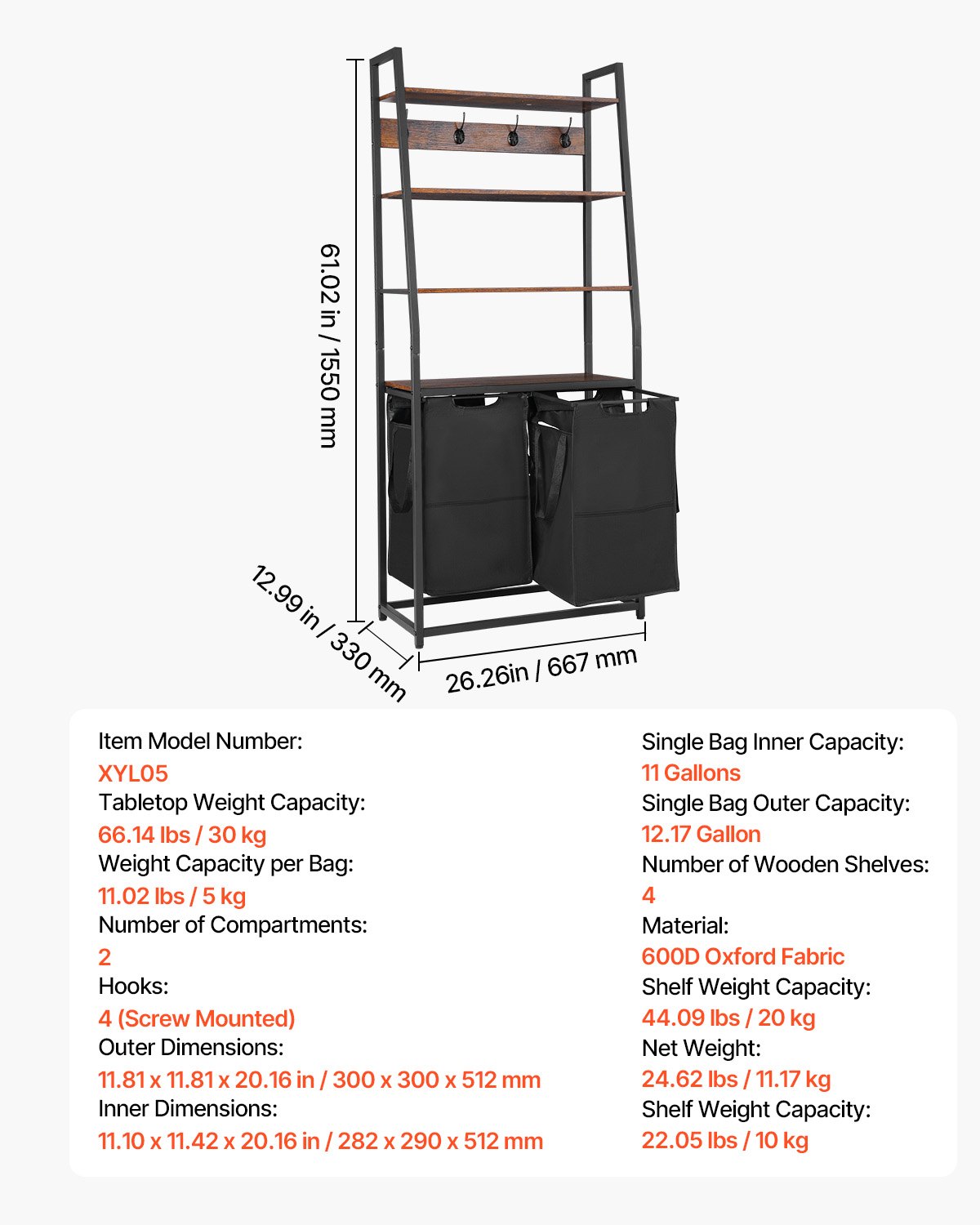 VEVOR 4 Tiers Laundry Sorter, Tall Laundry Hamper with Shelves and Hooks, 2 Section Freestanding Basket Organizer Storage with 600D Oxford Cloth Bags and Ladder Shelves for Dirty Clothes, Bathroom