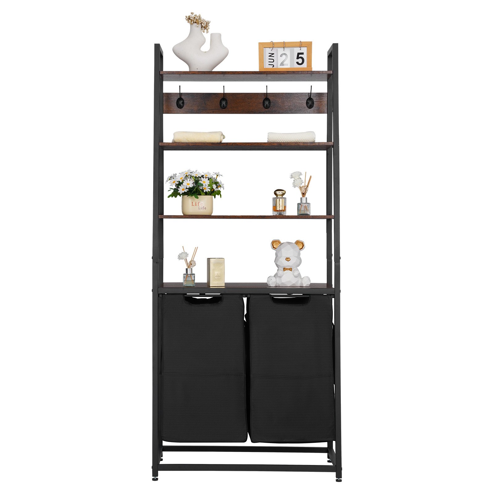 VEVOR Cesto de Ropa Sucia de 4 Niveles, Clasificador de Ropa con Estantes y Ganchos, Organizador de 2 Secciones Independiente con Bolsas de Tela Oxford 600D y Estantes Tipo Escalera para Ropas, Negro
