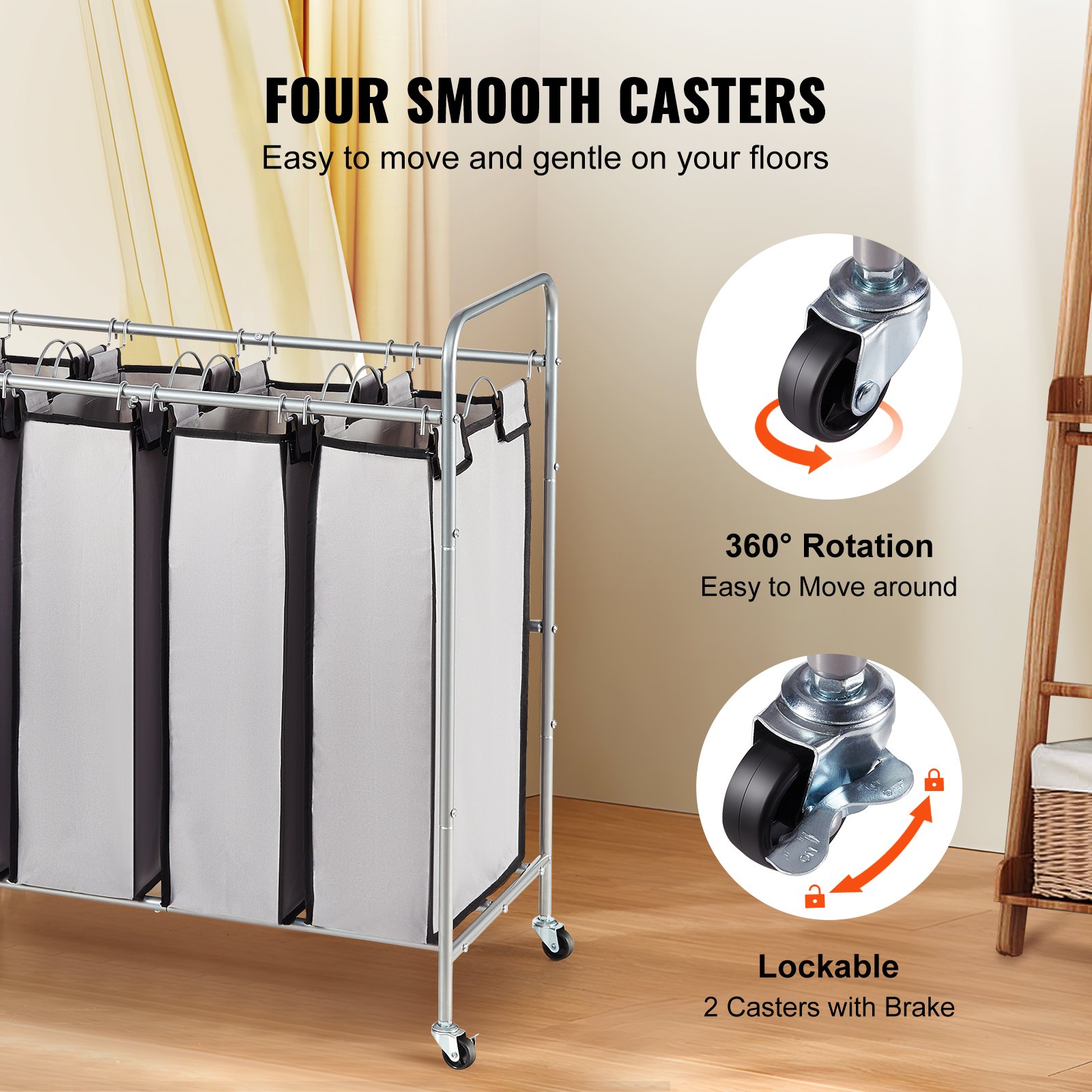 VEVOR 4-Piece Laundry Cart, Commercial Laundry Sorter, 20 kg Load Capacity, Laundry Hamper, Laundry Cart, Laundry Separator, Rolling, Mobile Laundry Sorting System, Laundry Bin, Laundry Cabinet