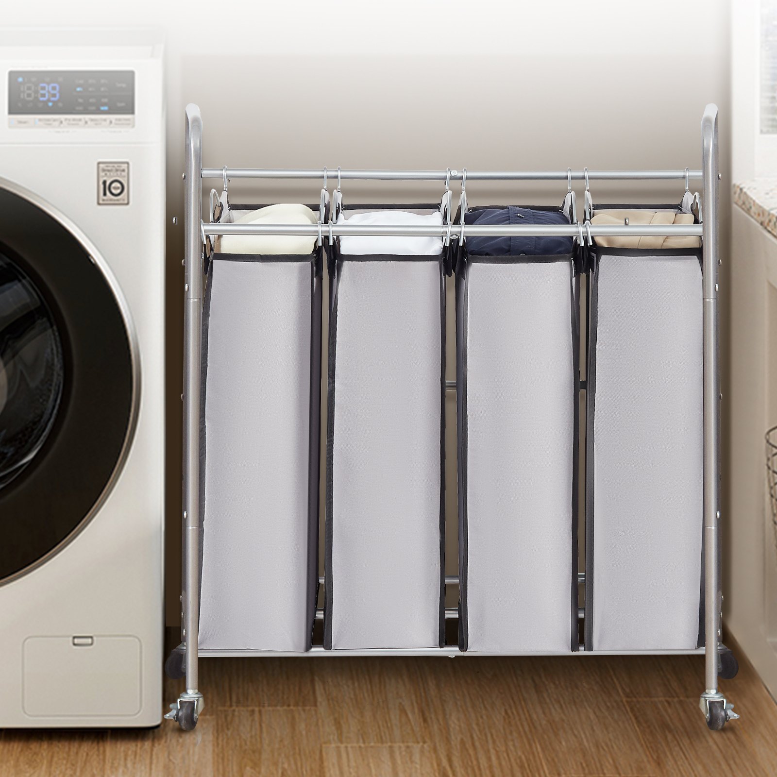VEVOR 4-Piece Laundry Cart, Commercial Laundry Sorter, 20 kg Load Capacity, Laundry Hamper, Laundry Cart, Laundry Separator, Rolling, Mobile Laundry Sorting System, Laundry Bin, Laundry Cabinet