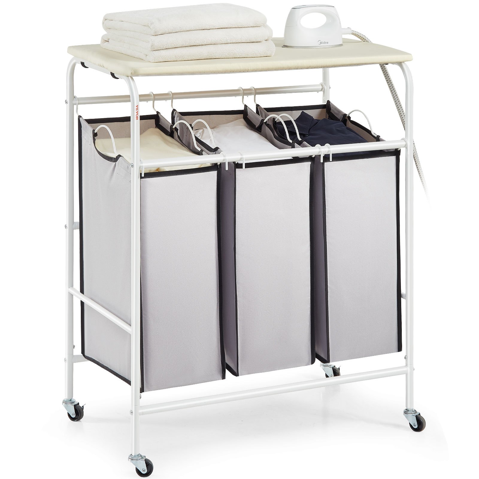 VEVOR Carro Clasificador de Ropa de 3 Secciones con Tabla de Planchar Cesto de Ropa Sucia con Ruedas Resistentes Bloqueables y 3 Bolsas Extraíbles Cesto de Ropa Sucia Rodante Clasificador para Ropa