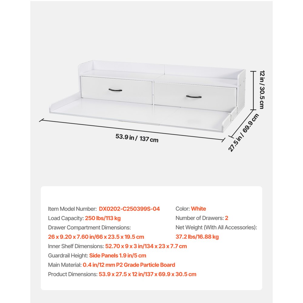 VEVOR Encimera para Lavadora y Secadora 137 x 69,9 cm, Cubierta Superior de Madera Soporta hasta 113 kg con Ganchos Laterales, 2 Cajones, Estante, Ancha para Lavadero Balcón Baño Cocina, Color Blanco