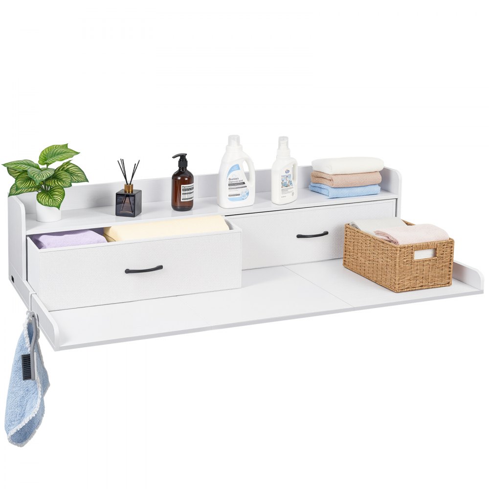 VEVOR Encimera para Lavadora y Secadora 137 x 69,9 cm, Cubierta Superior de Madera Soporta hasta 113 kg con Ganchos Laterales, 2 Cajones, Estante, Ancha para Lavadero Balcón Baño Cocina, Color Blanco