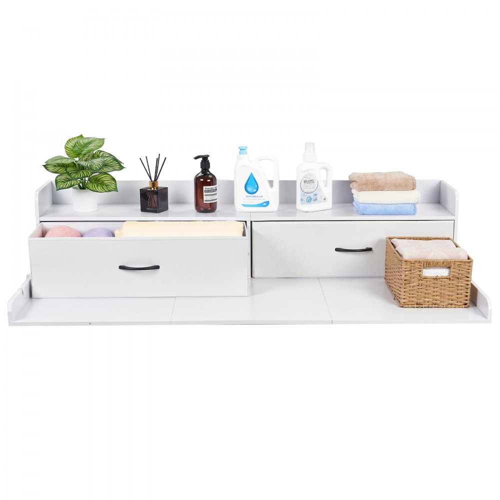 VEVOR Encimera para Lavadora y Secadora 137 x 69,9 cm, Cubierta Superior de Madera Soporta hasta 113 kg con Ganchos Laterales, 2 Cajones, Estante, Ancha para Lavadero Balcón Baño Cocina, Color Blanco