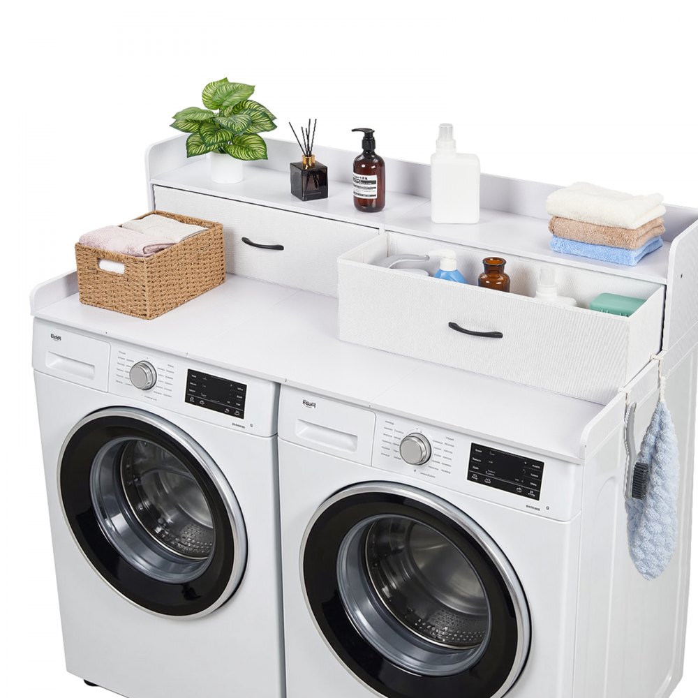 VEVOR Encimera para Lavadora y Secadora 137 x 69,9 cm, Cubierta Superior de Madera Soporta hasta 113 kg con Ganchos Laterales, 2 Cajones, Estante, Ancha para Lavadero Balcón Baño Cocina, Color Blanco