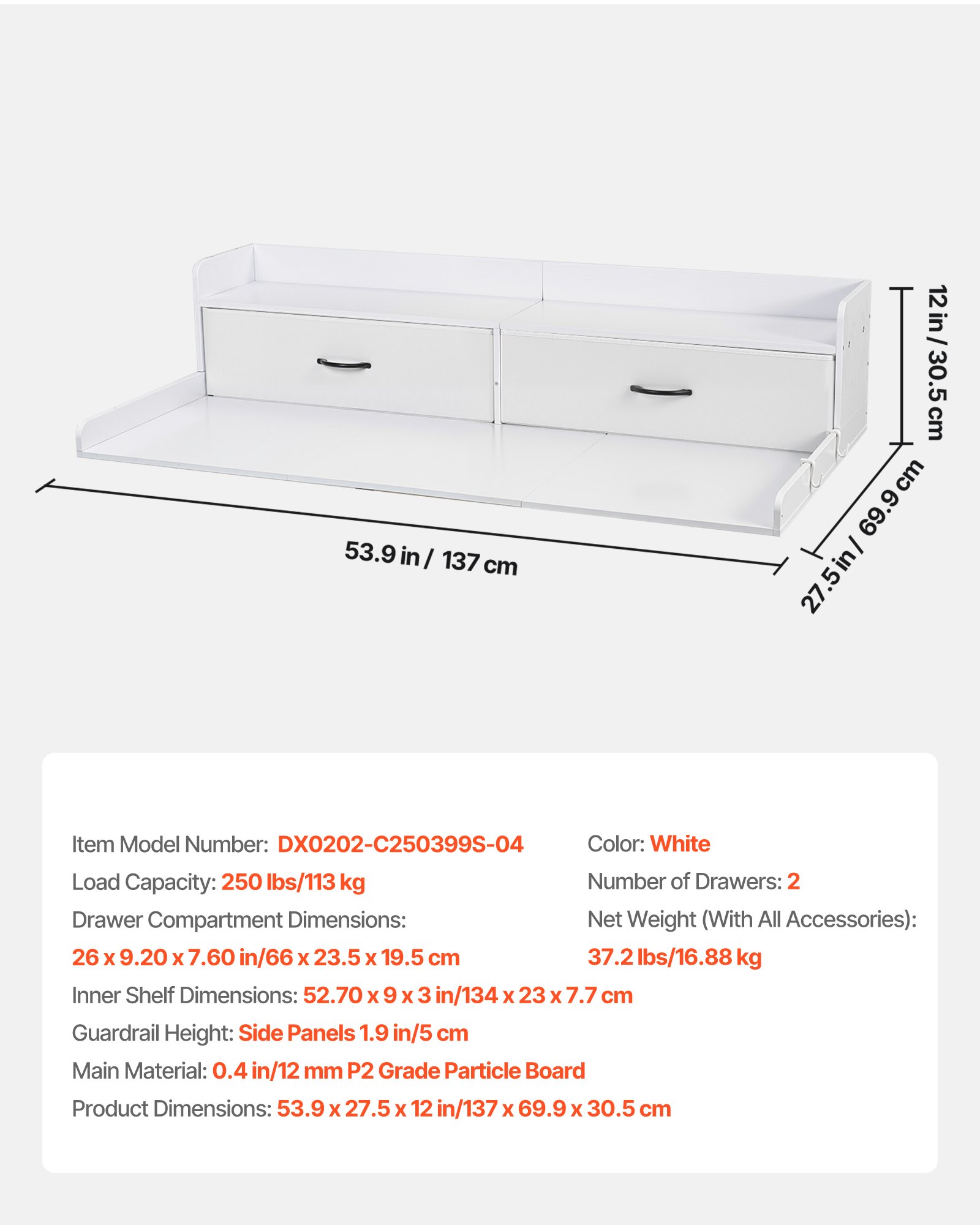 VEVOR Encimera para Lavadora y Secadora 137 x 69,9 cm, Cubierta Superior de Madera Soporta hasta 113 kg con Ganchos Laterales, 2 Cajones, Estante, Ancha para Lavadero Balcón Baño Cocina, Color Blanco