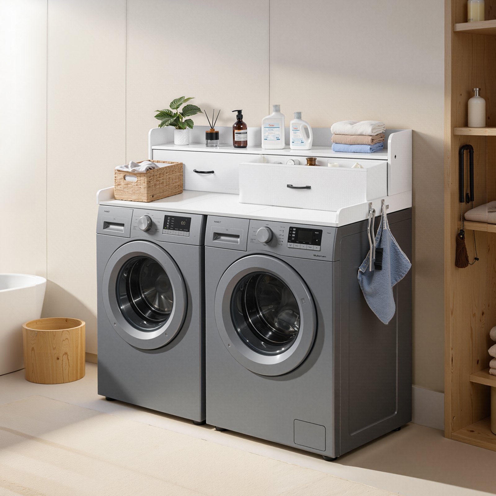 VEVOR Encimera para Lavadora y Secadora 137 x 69,9 cm, Cubierta Superior de Madera Soporta hasta 113 kg con Ganchos Laterales, 2 Cajones, Estante, Ancha para Lavadero Balcón Baño Cocina, Color Blanco