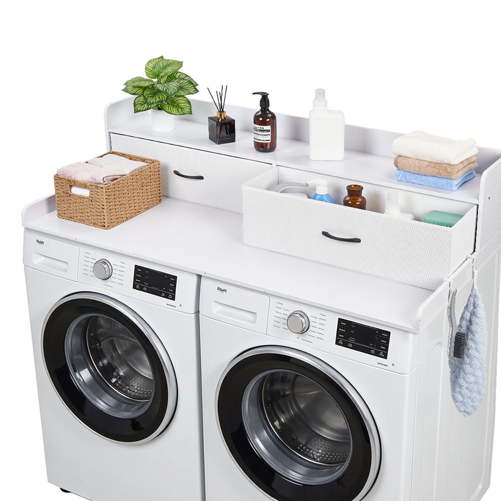 VEVOR Encimera para Lavadora y Secadora 137 x 69,9 cm, Cubierta Superior de Madera Soporta hasta 113 kg con Ganchos Laterales, 2 Cajones, Estante, Ancha para Lavadero Balcón Baño Cocina, Color Blanco