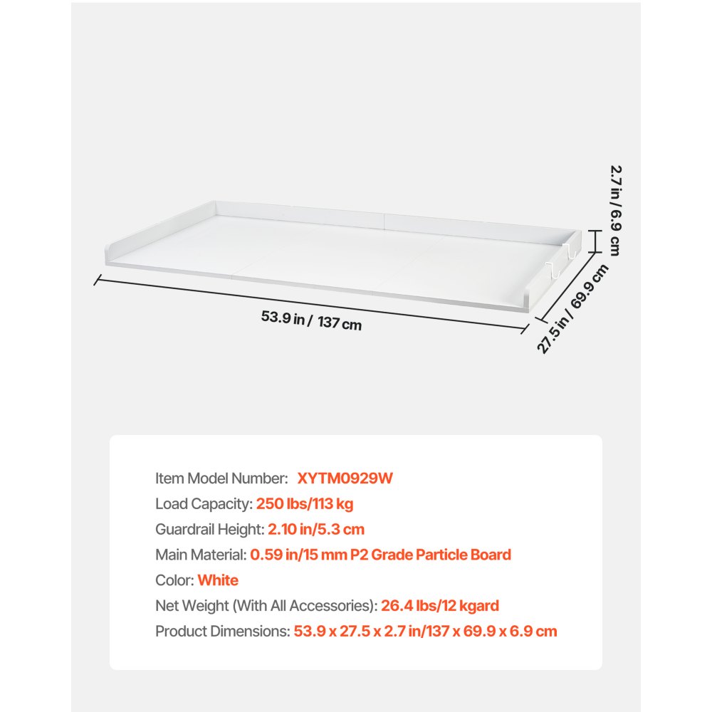 VEVOR Encimera para Lavadora y Secadora 137 x 69,9 cm Cubierta Superior de Madera Soporta hasta 113 kg con Borde Elevado, Almohadillas, Ganchos Laterales para Lavadero Baño Cocina Balcón, Color Blanco