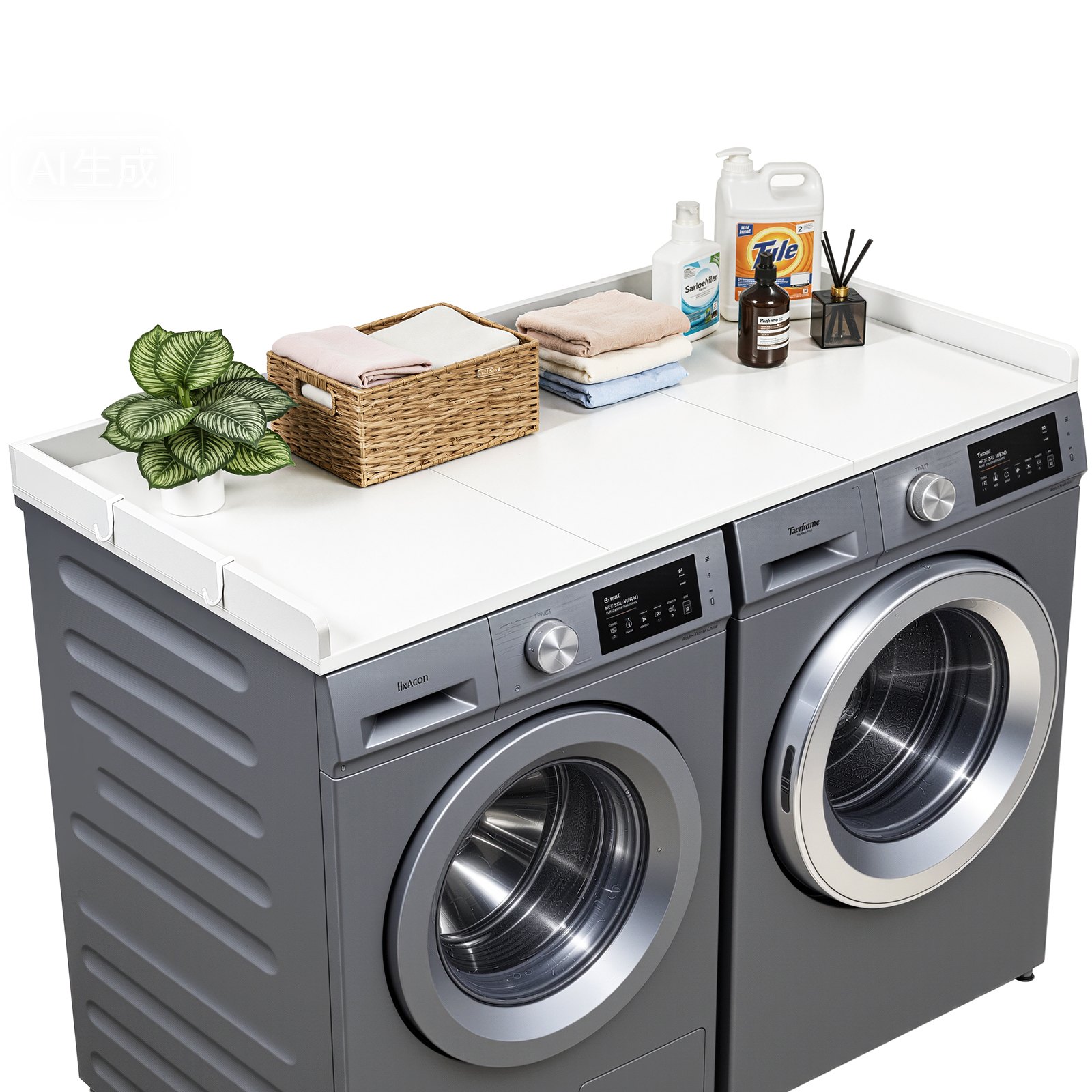 VEVOR Encimera para Lavadora y Secadora 137 x 69,9 cm Cubierta Superior de Madera Soporta hasta 113 kg con Borde Elevado, Almohadillas, Ganchos Laterales para Lavadero Baño Cocina Balcón, Color Blanco