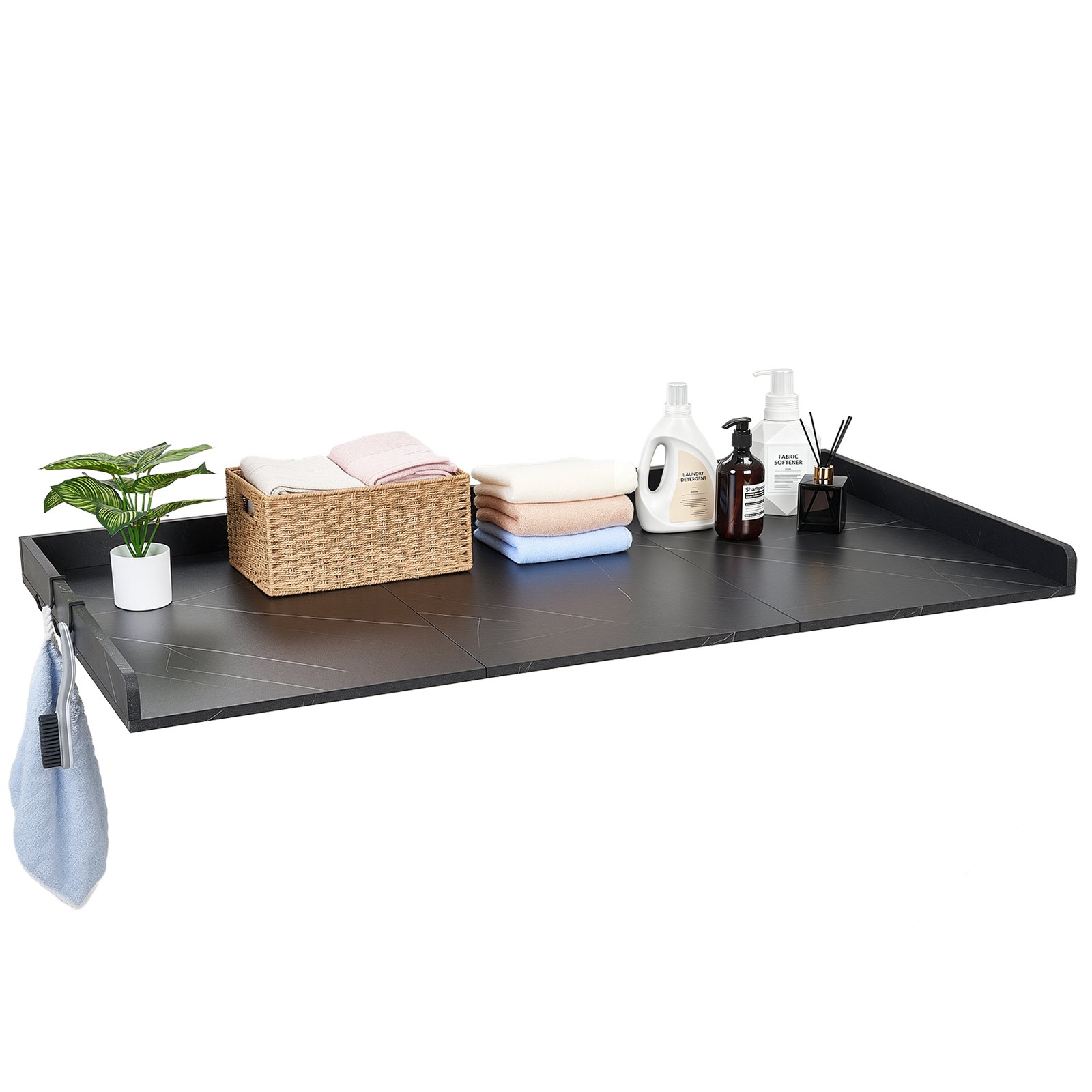 VEVOR Encimera para Lavadora y Secadora de Madera 137 x 69,9 cm, Cubierta Superior Soporta hasta 113 kg con Borde Elevado, Ganchos Laterales, Almohadillas para Lavadero Baño Cocina Balcón, Color Negro