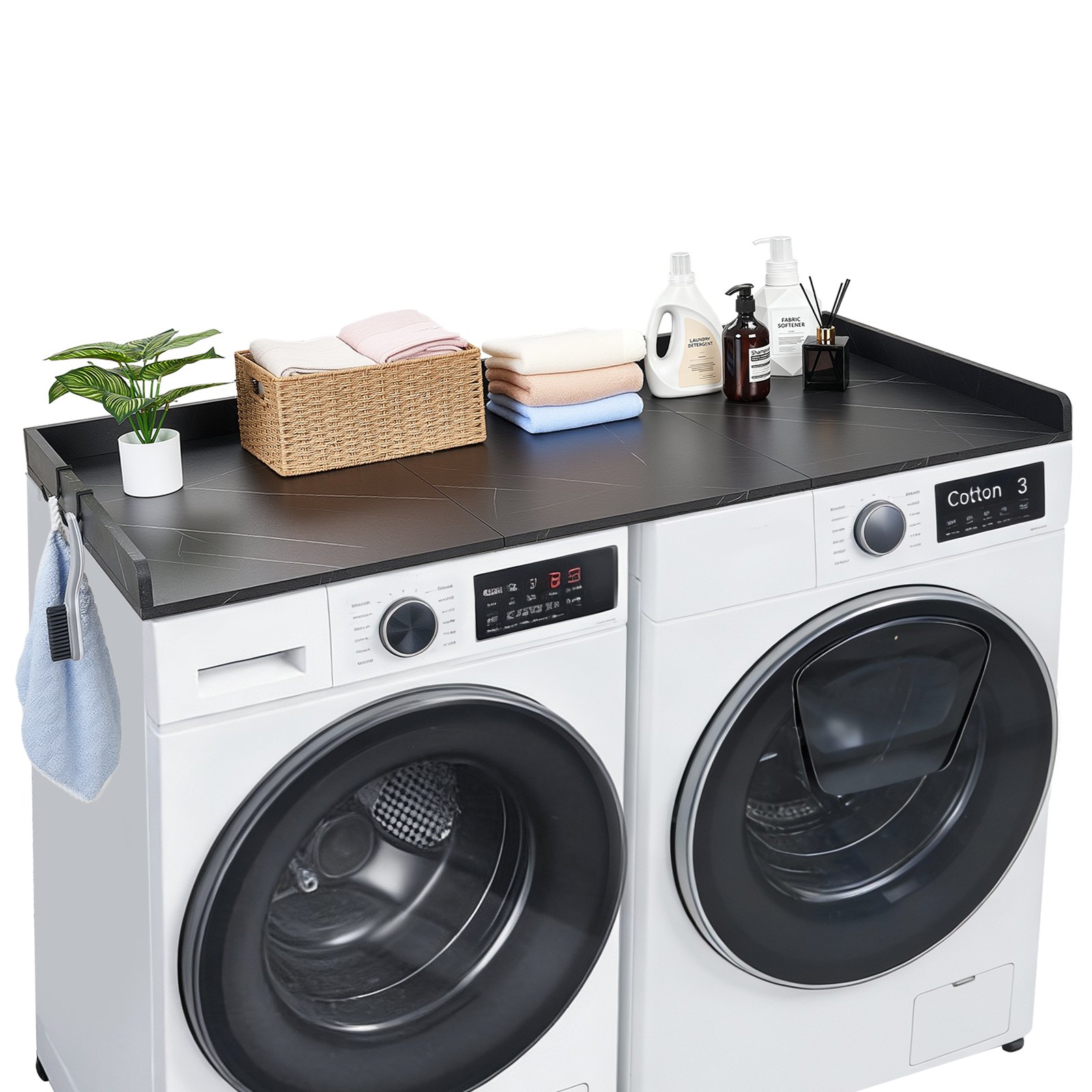 VEVOR Encimera para Lavadora y Secadora de Madera 137 x 69,9 cm, Cubierta Superior Soporta hasta 113 kg con Borde Elevado, Ganchos Laterales, Almohadillas para Lavadero Baño Cocina Balcón, Color Negro