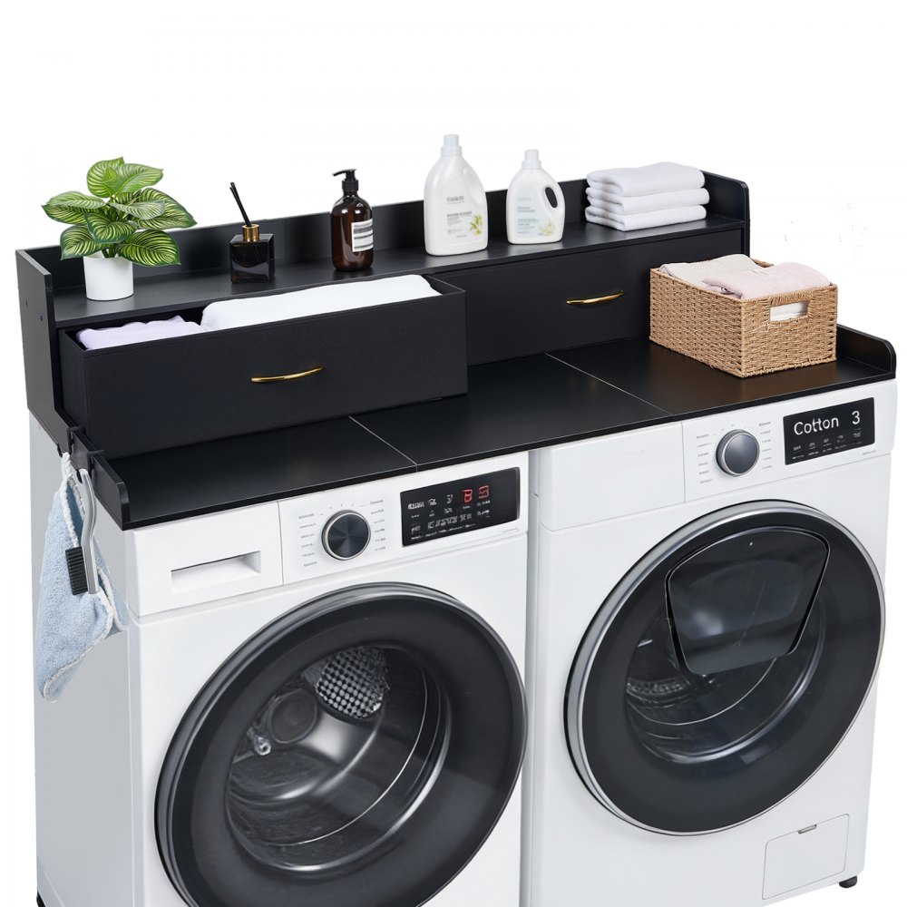 VEVOR Encimera para Lavadora y Secadora 137 x 69,9 cm, Cubierta Superior de Madera Soporta hasta 113 kg con 2 Cajones, Ganchos Laterales, Estante, Ancha para Cocina Baño Lavadero Balcón, Color Negro