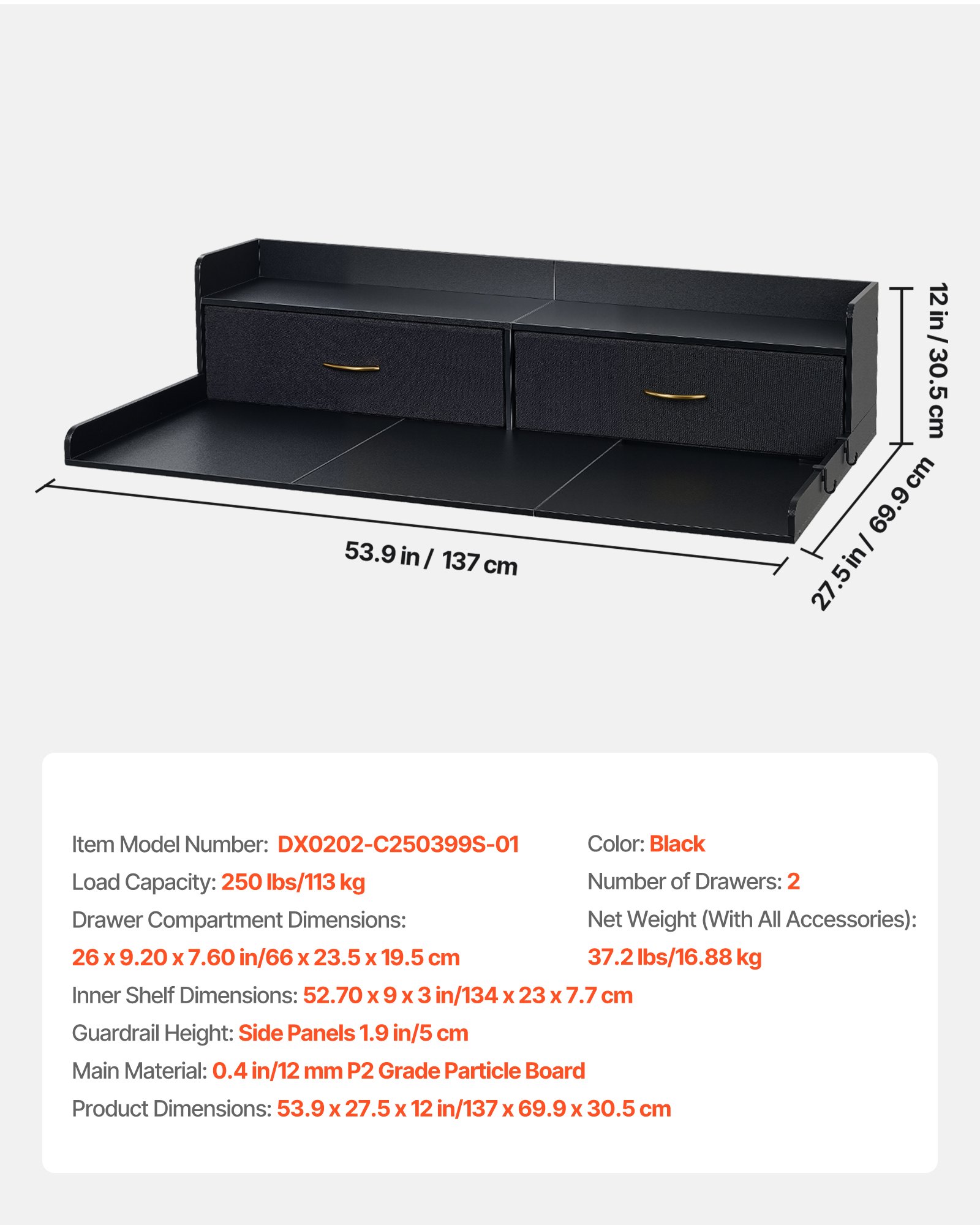 VEVOR Encimera para Lavadora y Secadora 137 x 69,9 cm, Cubierta Superior de Madera Soporta hasta 113 kg con 2 Cajones, Ganchos Laterales, Estante, Ancha para Cocina Baño Lavadero Balcón, Color Negro