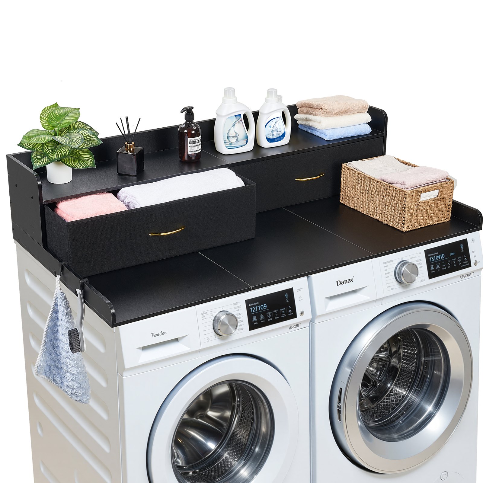 VEVOR Encimera para Lavadora y Secadora 137 x 69,9 cm, Cubierta Superior de Madera Soporta hasta 113 kg con 2 Cajones, Ganchos Laterales, Estante, Ancha para Cocina Baño Lavadero Balcón, Color Negro