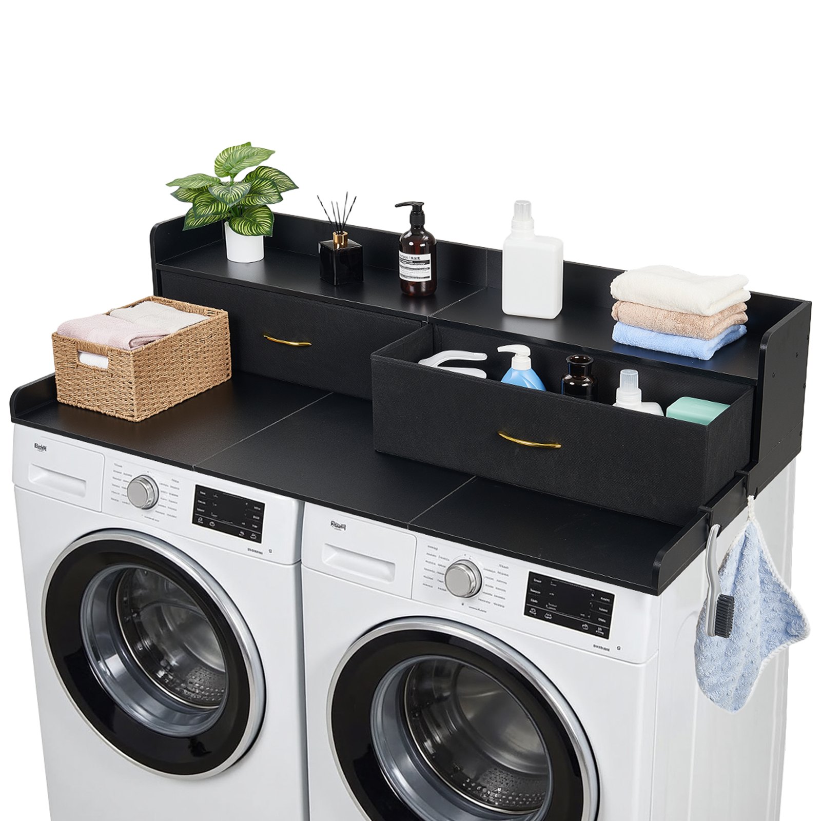 VEVOR Encimera para Lavadora y Secadora 137 x 69,9 cm, Cubierta Superior de Madera Soporta hasta 113 kg con 2 Cajones, Ganchos Laterales, Estante, Ancha para Cocina Baño Lavadero Balcón, Color Negro