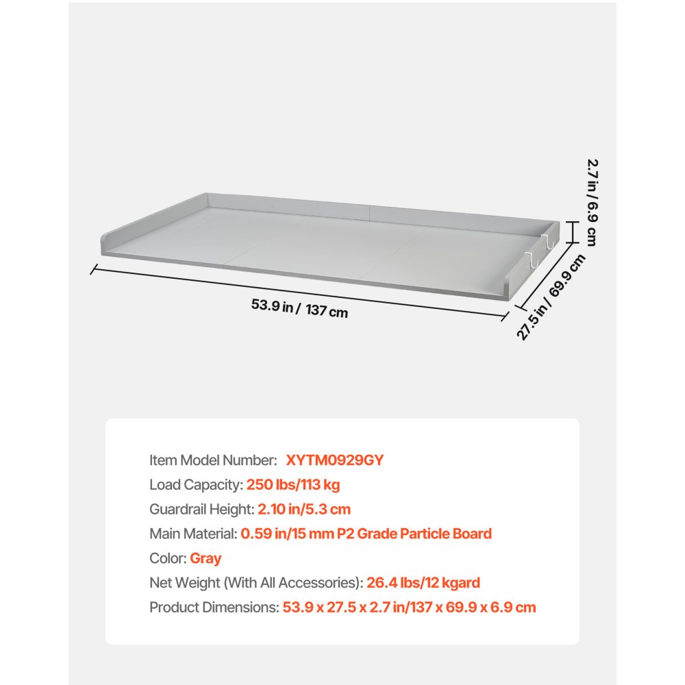 VEVOR Encimera para Lavadora y Secadora 137 x 69,9 cm, Cubierta Superior de Madera Soporta hasta 113 kg con Borde Elevado, Almohadillas, Ganchos Laterales para Lavadero Baño Cocina Balcón, Color Gris