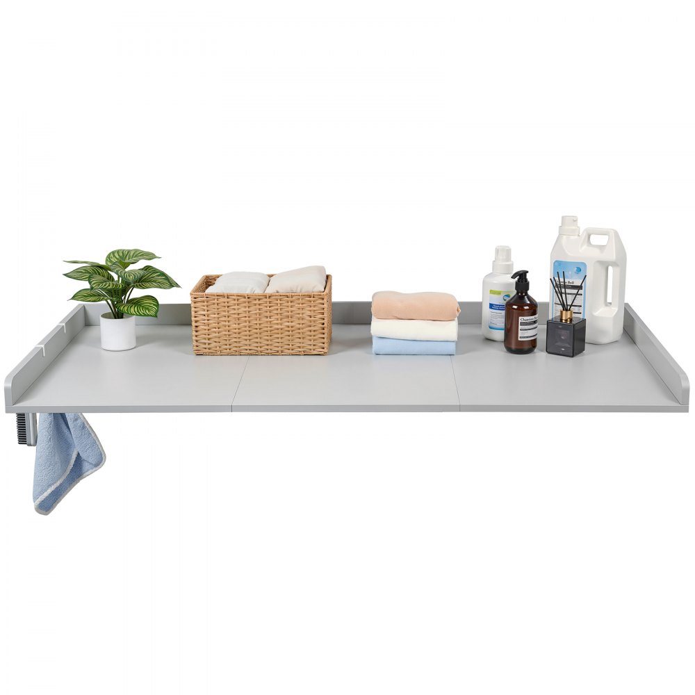 VEVOR Encimera para Lavadora y Secadora 137 x 69,9 cm, Cubierta Superior de Madera Soporta hasta 113 kg con Borde Elevado, Almohadillas, Ganchos Laterales para Lavadero Baño Cocina Balcón, Color Gris