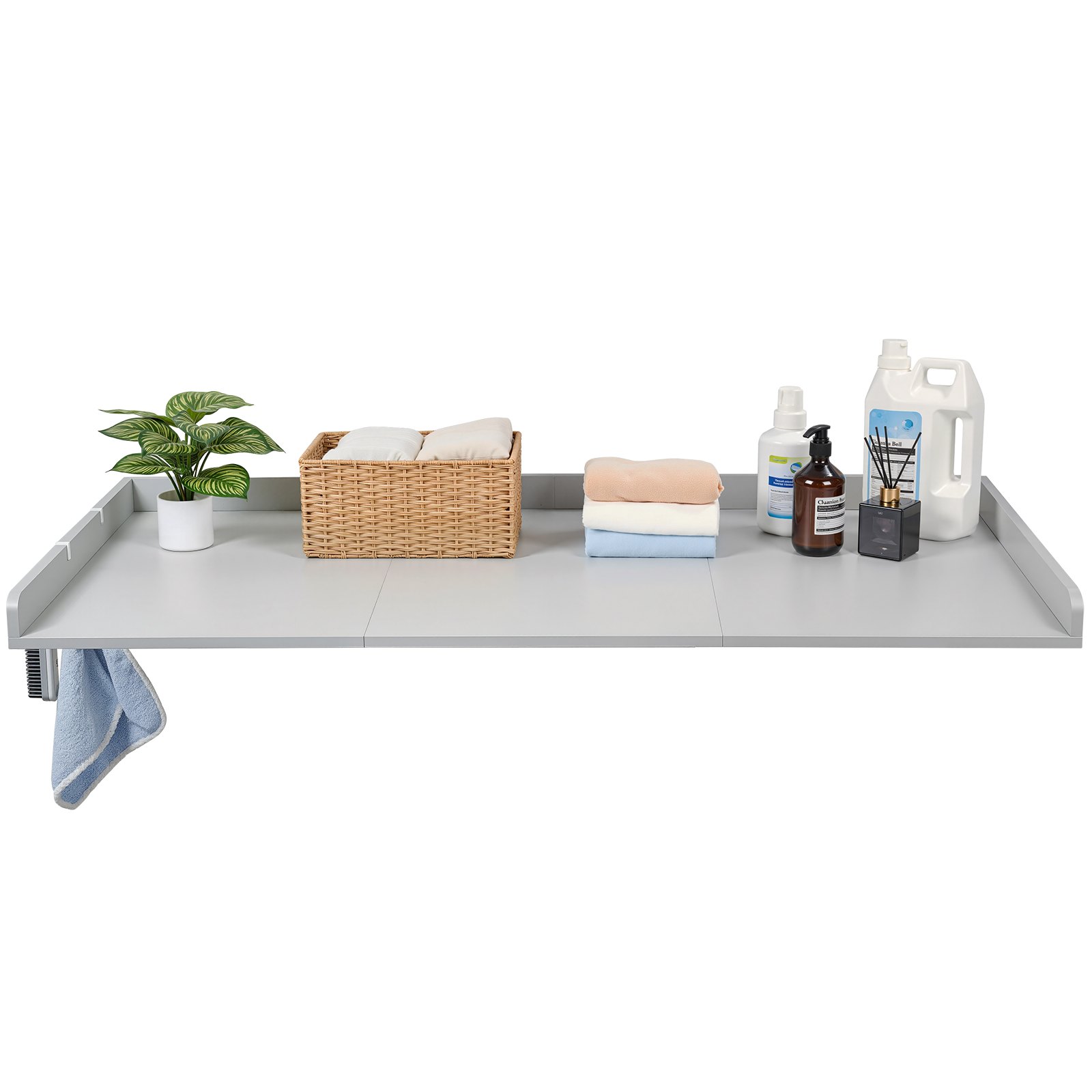 VEVOR Encimera para Lavadora y Secadora 137 x 69,9 cm, Cubierta Superior de Madera Soporta hasta 113 kg con Borde Elevado, Almohadillas, Ganchos Laterales para Lavadero Baño Cocina Balcón, Color Gris