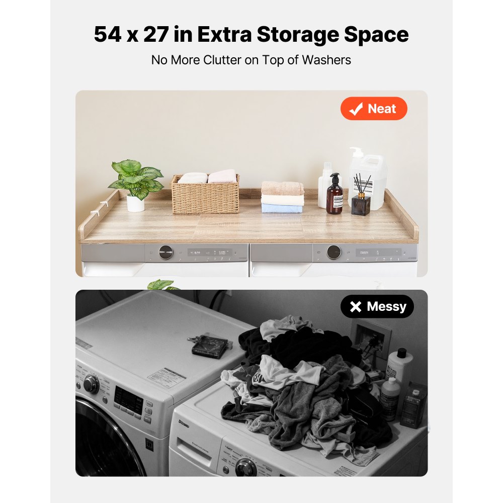VEVOR Encimera para Lavadora y Secadora 137 x 69,9 cm, Cubierta Superior de Madera Soporta hasta 113 kg con Borde Elevado, Ganchos Laterales, Almohadillas para Baño Lavadero Balcón Cocina, Color Roble