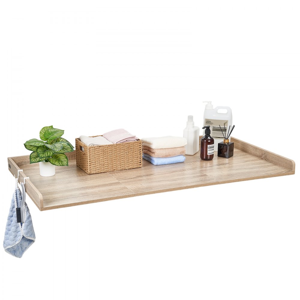 VEVOR Encimera para Lavadora y Secadora 137 x 69,9 cm, Cubierta Superior de Madera Soporta hasta 113 kg con Borde Elevado, Ganchos Laterales, Almohadillas para Baño Lavadero Balcón Cocina, Color Roble