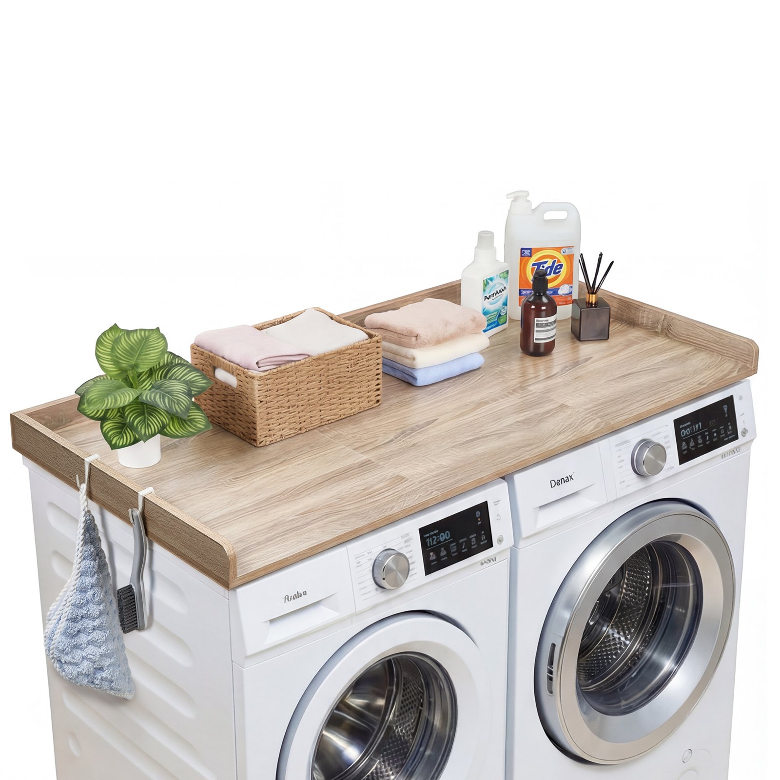 VEVOR Encimera para Lavadora y Secadora 137 x 69,9 cm, Cubierta Superior de Madera Soporta hasta 113 kg con Borde Elevado, Ganchos Laterales, Almohadillas para Baño Lavadero Balcón Cocina, Color Roble
