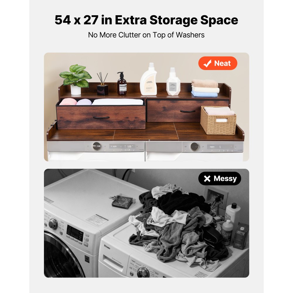 VEVOR Encimera para Lavadora y Secadora 137 x 69,9 cm, Cubierta Superior de Madera Soporta hasta 113 kg con Ganchos Laterales, 2 Cajones, Estante, Ancha para Baño Balcón Cocina Lavadero, Color Marrón