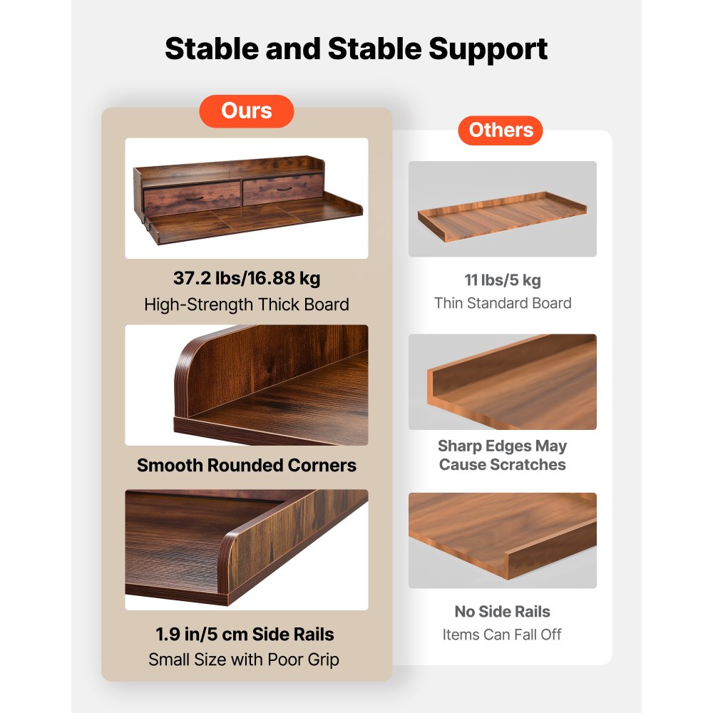 VEVOR Encimera para Lavadora y Secadora 137 x 69,9 cm, Cubierta Superior de Madera Soporta hasta 113 kg con Ganchos Laterales, 2 Cajones, Estante, Ancha para Baño Balcón Cocina Lavadero, Color Marrón
