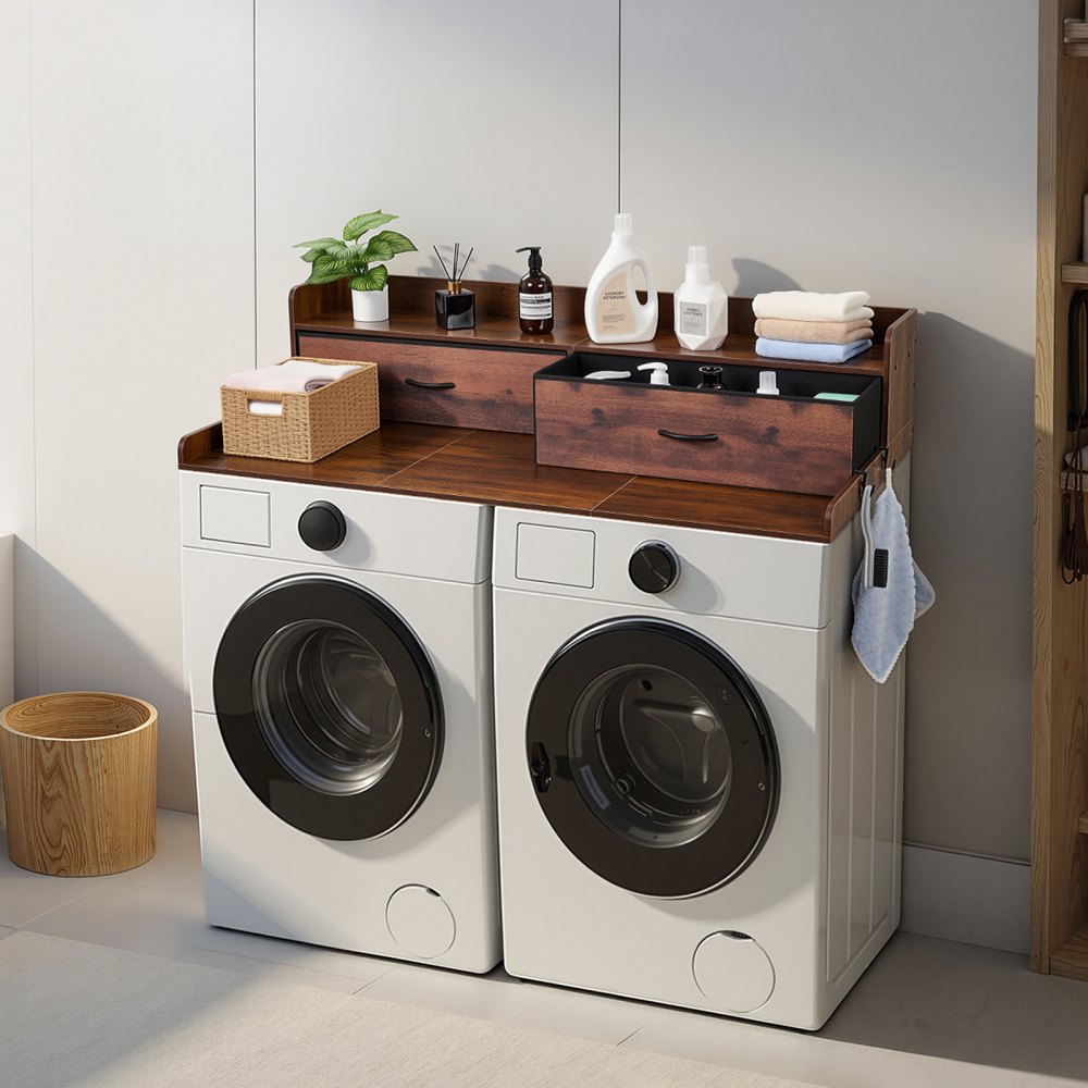 VEVOR Encimera para Lavadora y Secadora 137 x 69,9 cm, Cubierta Superior de Madera Soporta hasta 113 kg con Ganchos Laterales, 2 Cajones, Estante, Ancha para Baño Balcón Cocina Lavadero, Color Marrón