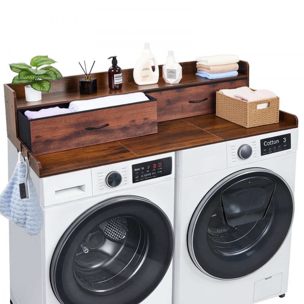 VEVOR Encimera para Lavadora y Secadora 137 x 69,9 cm, Cubierta Superior de Madera Soporta hasta 113 kg con Ganchos Laterales, 2 Cajones, Estante, Ancha para Baño Balcón Cocina Lavadero, Color Marrón