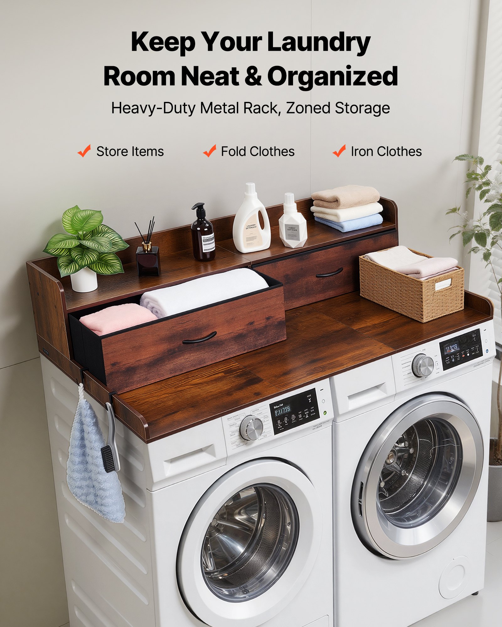 VEVOR Encimera para Lavadora y Secadora 137 x 69,9 cm, Cubierta Superior de Madera Soporta hasta 113 kg con Ganchos Laterales, 2 Cajones, Estante, Ancha para Baño Balcón Cocina Lavadero, Color Marrón