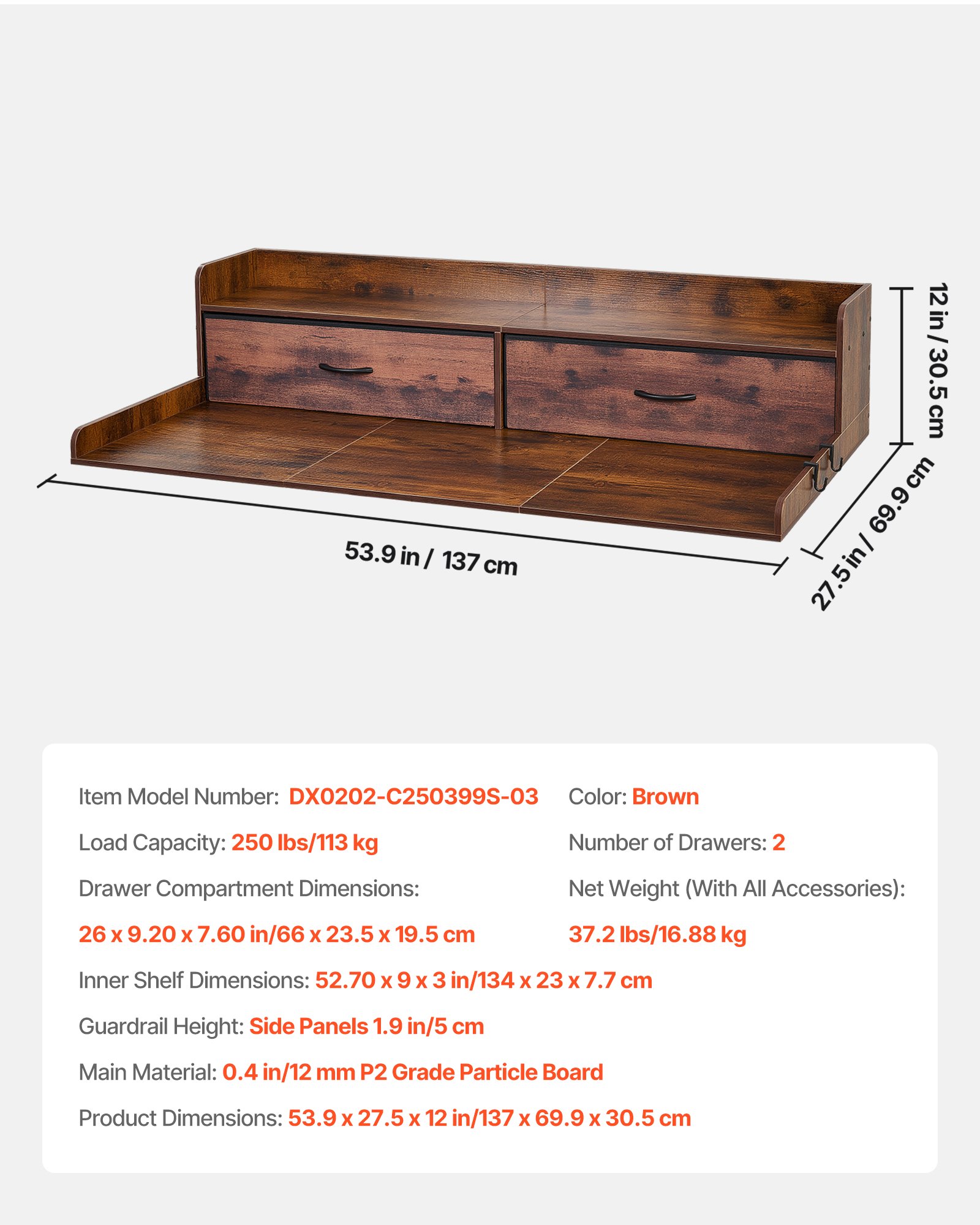 VEVOR Encimera para Lavadora y Secadora 137 x 69,9 cm, Cubierta Superior de Madera Soporta hasta 113 kg con Ganchos Laterales, 2 Cajones, Estante, Ancha para Baño Balcón Cocina Lavadero, Color Marrón