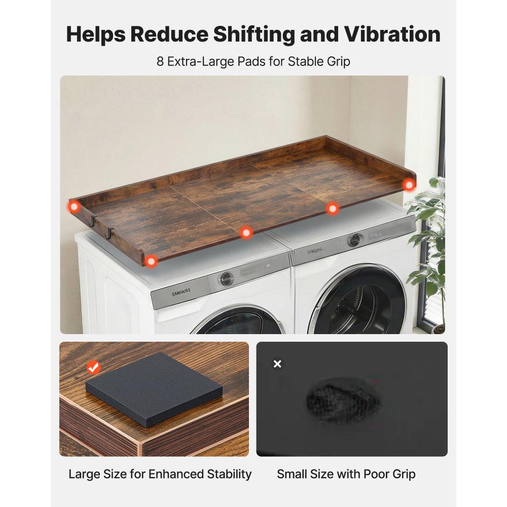 VEVOR Encimera para Lavadora y Secadora 137 x 69,9 cm Cubierta Superior de Madera Soporta hasta 113 kg con Ganchos Laterales, Borde Elevado, Almohadillas para Lavadero Baño Cocina Balcón, Color Marrón