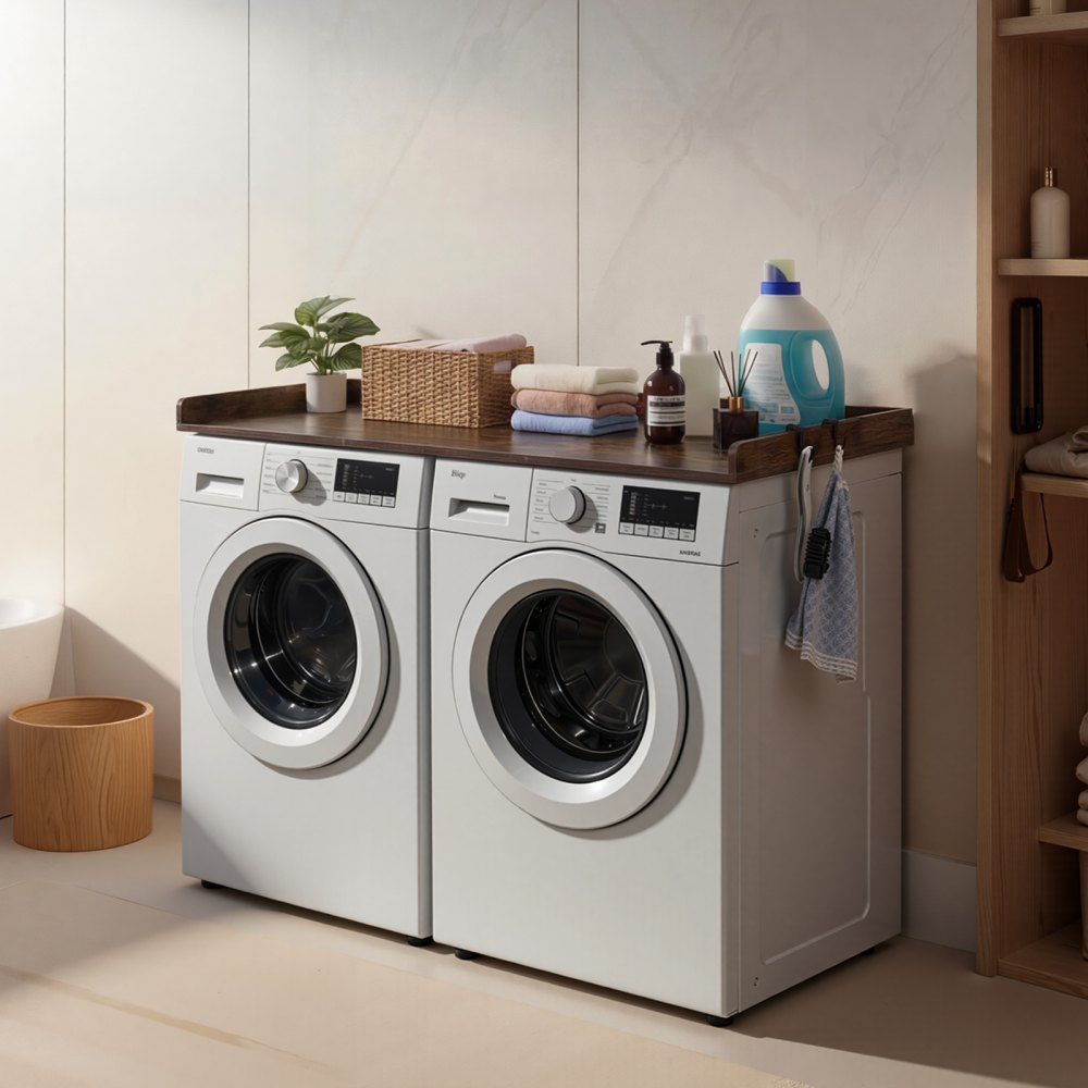 VEVOR Encimera para Lavadora y Secadora 137 x 69,9 cm Cubierta Superior de Madera Soporta hasta 113 kg con Ganchos Laterales, Borde Elevado, Almohadillas para Lavadero Baño Cocina Balcón, Color Marrón