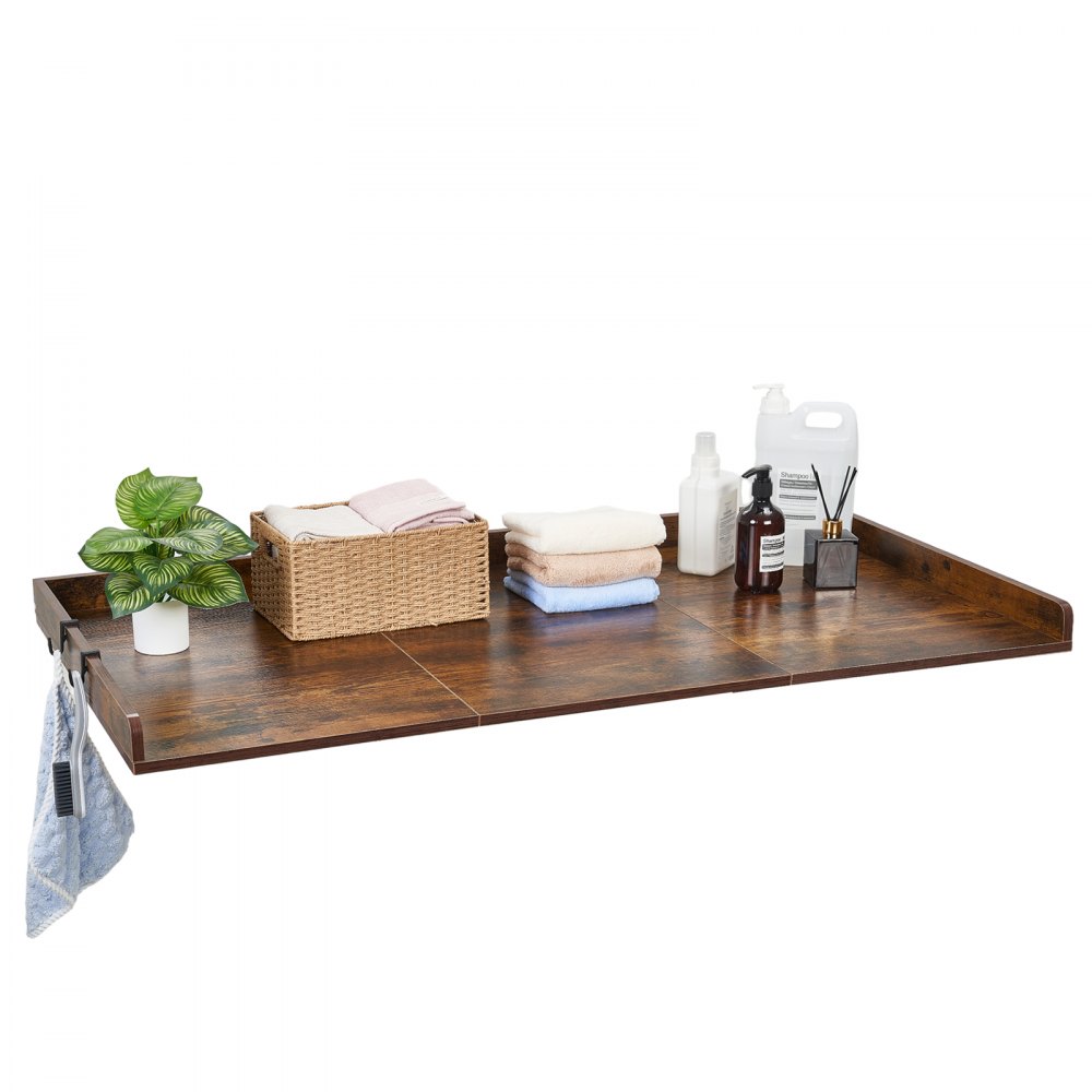 VEVOR Encimera para Lavadora y Secadora 137 x 69,9 cm Cubierta Superior de Madera Soporta hasta 113 kg con Ganchos Laterales, Borde Elevado, Almohadillas para Lavadero Baño Cocina Balcón, Color Marrón