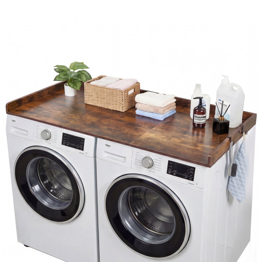 VEVOR Encimera para Lavadora y Secadora 137 x 69,9 cm Cubierta Superior de Madera Soporta hasta 113 kg con Ganchos Laterales, Borde Elevado, Almohadillas para Lavadero Baño Cocina Balcón, Color Marrón